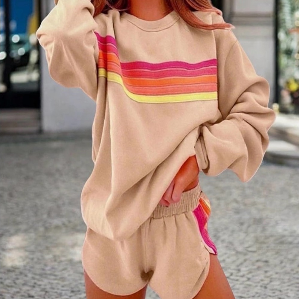 NWOT Amazon Beige Hoodie with Colorful Stripes